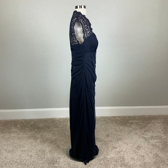 XSCAPE Chiffon Lace Trim Collar Short Sleeve Evening Gown Blue Size 14P Dress - Picture 3 of 12